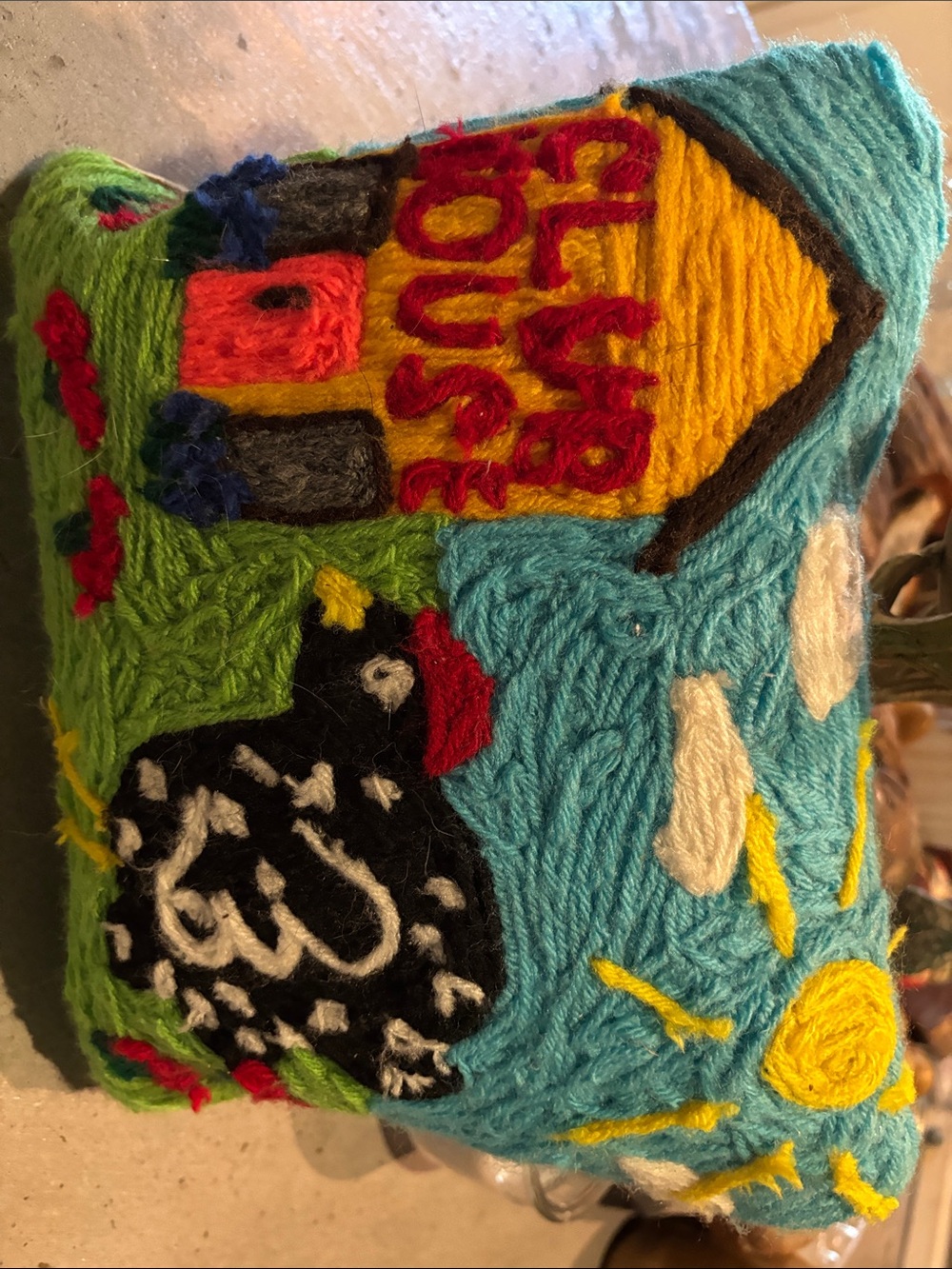 Folk art Handmade Wool Embroidered Home Art Pillow - local artist